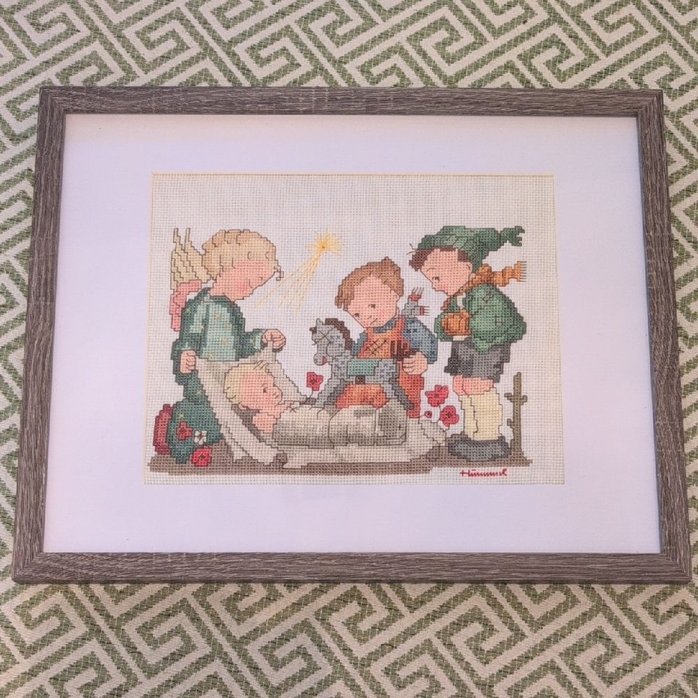 Framed Hummel Cross-Stitch Art Nativity Angel Scene Handmade Vintage